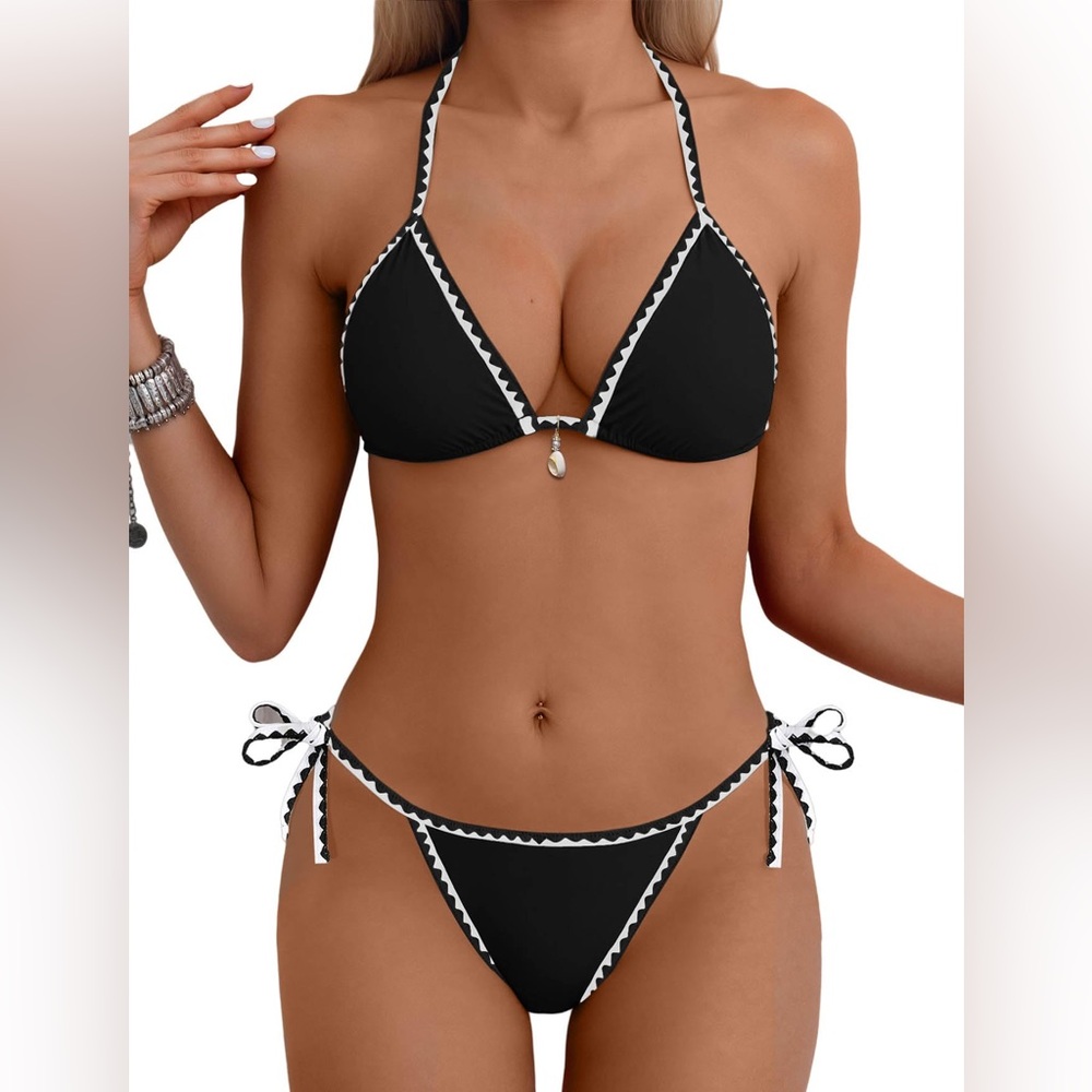 Sexy Two Piece Bikini Swimsuit Women’s Size S Black Side Tie Halter Top Cheeky